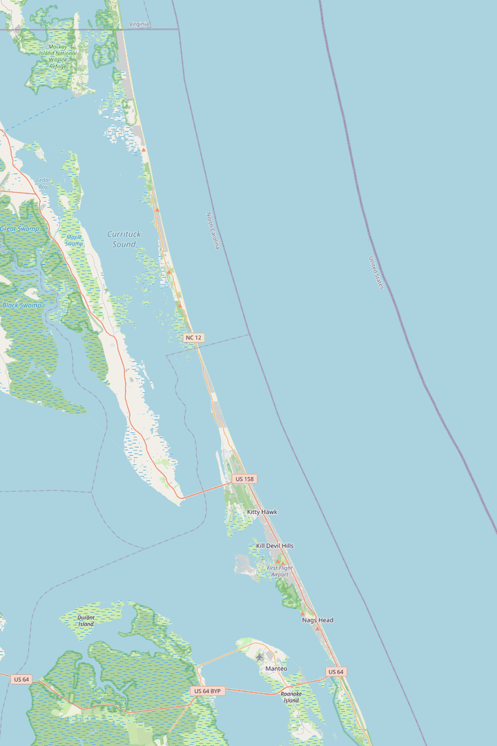 Map of the northern Outer Banks: the barrier-island shoreline from Carova south to Nags Head, with the sounds between the islands and the mainland